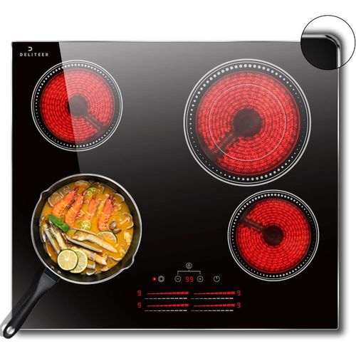 CHECARZHN--NO1-Plaque Vitrocéramique 4 Feux Avec Cadre, Table De Cuisson Électrique 60Cm Encastrable, 6600W, Contrôle Tactile Individuel, Double Chauffage, Bord Inox, Sans Pr , 240V