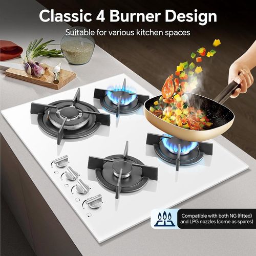 SUBZONAL-Plaque Gaz 4 Feux, Plaque de Cuisson Blanc Convient pour le Gaz Naturel/Propane, avec Sécurité Thermocouple, Puissance 8060W, 220-240V