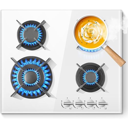 Checarzhn--No1-Plaque Gaz 4 Feux, Plaque De Cuisson Blanc Convient Pour Le Gaz Naturel/Propane, Avec Sécurité Thermocouple, Puissance 8060w, 220-240v