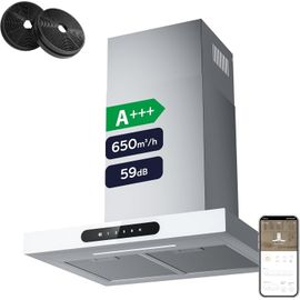 CHECARZHN--NO1-Hotte Décorative Class A+++ 60Cm 650M³/H Tactile Et Wifi Connectée 4 Vitesses&Fonction Boost Avec Filtre Charbon Affichage Numérique Recyclage Ou Evacuation Blanche Cbcw6102