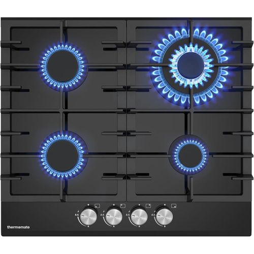 SUBZONAL-ThermoMate GHBG604 Plaque de Cuisson Gaz 4 Feuxs, Table de Cuisson gaz Encastrable 60cm avec brûleurs wok, Gaz Naturel/Propane, Verre Noir, 8000W