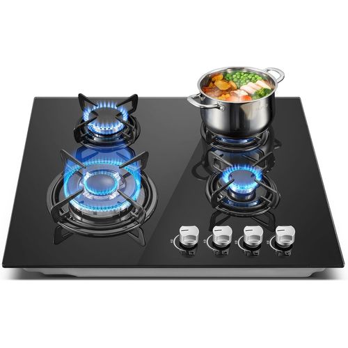 CHECARZHN--NO1-Plaque De Cuisson Gaz 4 Feux, Plaque Gaz 4 Feux Avec Sécurité Thermocouple 60Cm, Noir Encastrable Table De Cuisson Gaz, Naturel/Propane, 8060W, 220-240 V, Verre