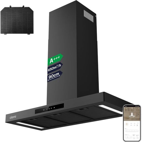 SUBZONAL-Ciarra Hotte Aspirante 90cm Silencieuse A 650m³/h - 4 Vitesses et Boost - Commande Tactile et Wi-Fi - Filtre à Charbon Inclus - Coins Arrondis - CBCB9102-P
