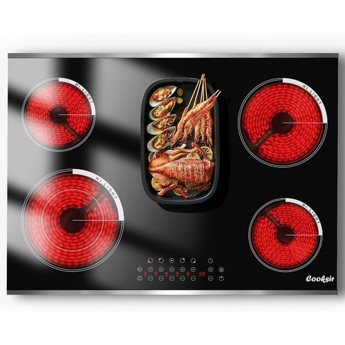 CHECARZHN--NO1-Plaque Vitrocéramique 5 Feux Avec Cadre, Table De Cuisson Électrique Encastrable 77Cm, Chaleur Infrarouge, 8400Watt, Zone Ovale Pour Grillade, Verre Céramique, Minuterie, 230V, 50Hz Bu
