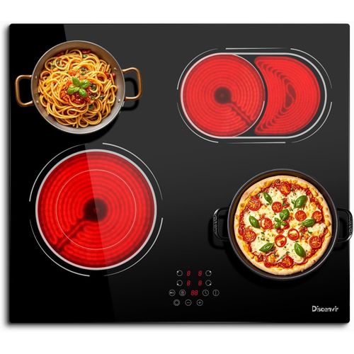 CHECARZHN--NO1-Plaque Vitrocéramique 4 Feux Encastrable 6600W, Plaque De Cuisson Electrique Avec Double Zone De Barbecue Ovale, 9 Niveaux De Puissance, Fonction Pause, Minuterie, Verrouillage De Sécu
