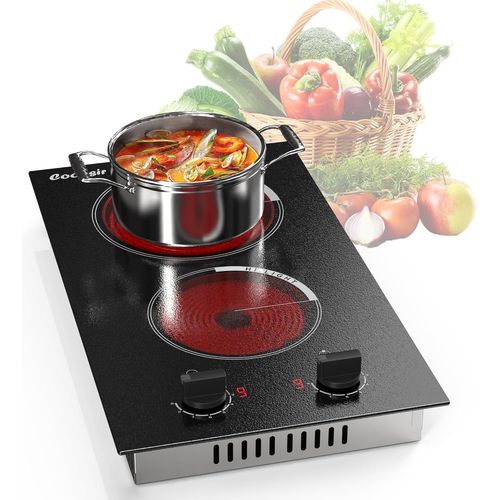 CHECARZHN--NO1-Plaque Vitrocéramique 2 Feux Avec Boutons, Table De Cuisson Deux Foyers Avec Pr , 30Cm Plaque Électrique Encastrable/Portable, 3000W, Boutons De Commande, 9 Niveaux, 240V