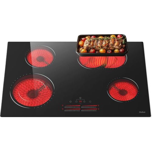 CHECARZHN--NO1-Hobsir Plaque Vitrocéramique 4 Feux, 77Cm Encastrable Plaque De Cuisson Électrique, 6600W, Contrôle Indépendant Des Zones De Chauffage, Zone Extérieure Et Ovale Extensible, Minuterie,