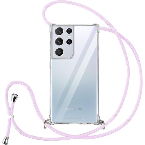 Kal-Coque Avec Cordon Pour Samsung Galaxy S21 Ultra 5g De Collier,Silicone Transparent Tpu+Pc Bumper Protection Étui Lanyard Avec Sangle Réglable Chaîne Case,Lilas