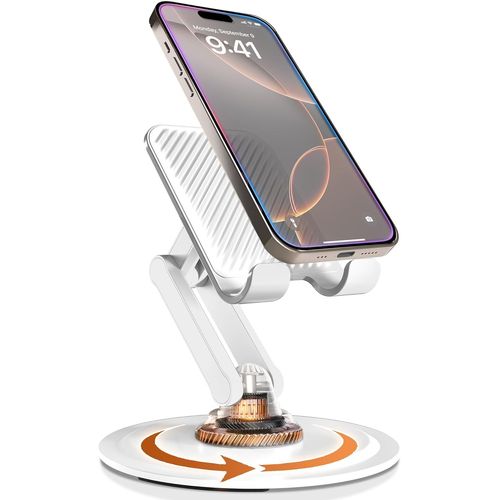 Support 360° - Support De Téléphone Ajustable Pour Bureau | Support Mobile Rotatif 360°, Multi-Angle, Base Métallique, Pliable, Portable | Support De Téléphone De Bureau (Blanc Crème)
