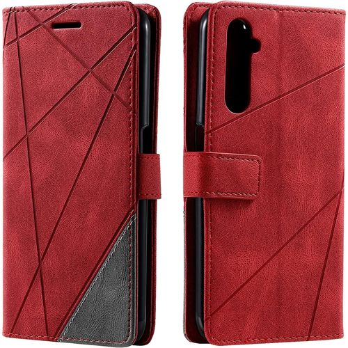 Kalanka-Coque Pour Samsung Galaxy A04s/ A04, Rabat Portefeuille De Protection Cuir Pu Etui, Silicone Tpu Bumper Magnétique Housse, Flip Porte Cartes Avec Fonction Support Cover Antichoc Case (Rouge)