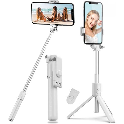 KALANKA-Perche Selfie Trépied Selfie Stick,4en1 Perche Bluetooth Trépied Bâton Selfie Bluetooth Extensible Télescopique Monopode Réglable avec Télécommande Amovible&Support Stable (Blanc)