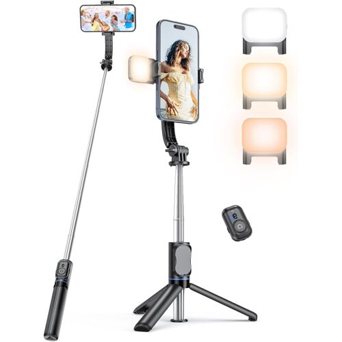 JGD-Perché à Selfie avec Support de Téléphone Détachable, Trepied Smartphone Extensible jusqu'à 106 CM avec Télécommande, pour iPhone, Samsung et Android (Noir avec Lumière)