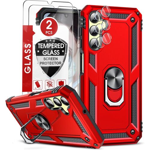 Coque pour Samsung A25 5G(Pas 4G) avec 2 Verre Trempé et 2 Protection Camera,Anneau Support Militaire Anti-Chute Bumper Antichoc Rigide Armure Housse Etui pour Samsung Galaxy A25 Rouge