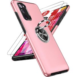 TRAHOO-Coque pour Samsung Galaxy S20 FE 5G/4G avec 2 Verre Trempé Vitre Protection et Anneau Telephone, Militaire PC et TPU Silicone Etui Antichoc Housse pour Samsung Galaxy S20FE 5G/4G - Rose