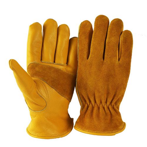 Gants de Travail en Cuir pour Jardinage - Résistant aux Épines Gants de Construction avec Doux Respirante Doublée de Coton pour Homme et Femme Polyvalents Gants de Mécanicien - Jaune L
