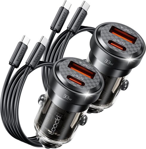 33w Usb-C/Usb-A [Pd+Qc3.0] Dual Port Car Cigarette Lighter Charger For Iphone 16/15/14 Pro Max, Ipad, Samsung, Xiaomi, Huawei - Compact Design & Certified Security (Includes 2 Cables)