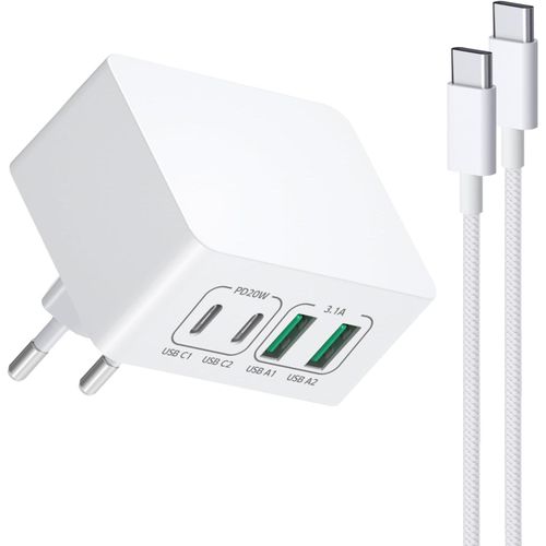40W Plat USB C Charger, 4Port Slim Chargeur Type C Prise USB Multiple Chargeur Rapide Adaptateur Compatible avec iPhone 15 Samsung, Pixel, Tablets, avec Câble USB C 2M(Blanc)
