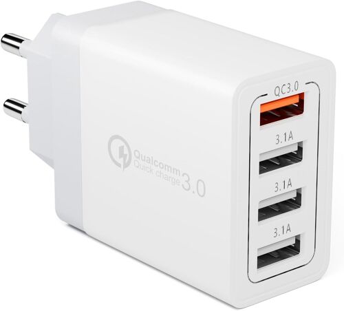 JGD-Chargeur Secteur USB 33W 4 Ports Chargeur Mural Adaptateur USB Universel avec Quick Charge 3.0 pour Samsung Galaxy S10/S9/S8/A14/ Note 8/9, LG G5/G6, Nexus 5X/6P, iPhone, iPad Pro/Air, Moto etc.