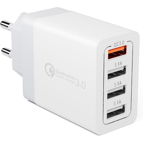 Chargeur Secteur USB 33W 4 Ports Chargeur Mural Adaptateur USB Universel avec Quick Charge 3.0 pour Samsung Galaxy S10/S9/S8/A14/ Note 8/9, LG G5/G6, Nexus 5X/6P, iPhone, iPad Pro/Air, Moto etc.