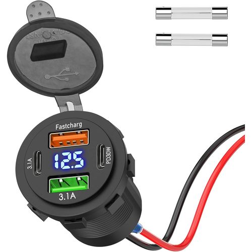 KALANKA-66W Prise USB 12 Volts, 4 Ports Prise USB de Chargeur de Voiture Double PD et Double Quick Charge 3.0 avec Voltmètre pour Voiture Chargement Rapide pour Bateau, Camping-Car, Camion,Moto