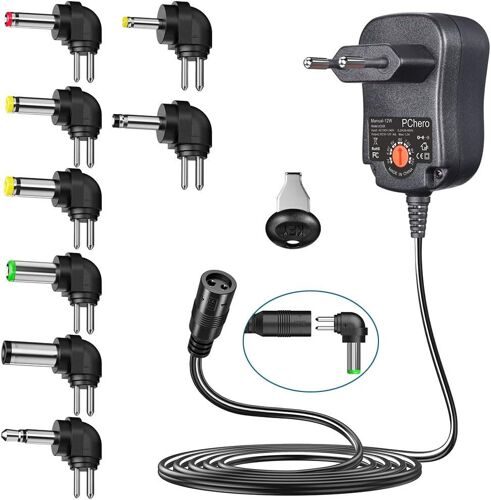 KAL-12W Adaptateur d'alimentation Universel USB CA/DC 3V / 4.5V / 5V / 6V / 7.5V / 9V / 12V avec 8 Embouts Amovibles pour Électronique Domestique ¿ 1,2A Max.