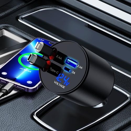 Chargeur De Voiture Rétractable,Chargeur De Voiture 4 En 1 Pour Iphone Et Type C 60w,Câbles Rétractables Et 2 Ports De Charge Chargeur De Voiture Pour Iphone 16/15/14/13,Samsung Galaxy(Noir)