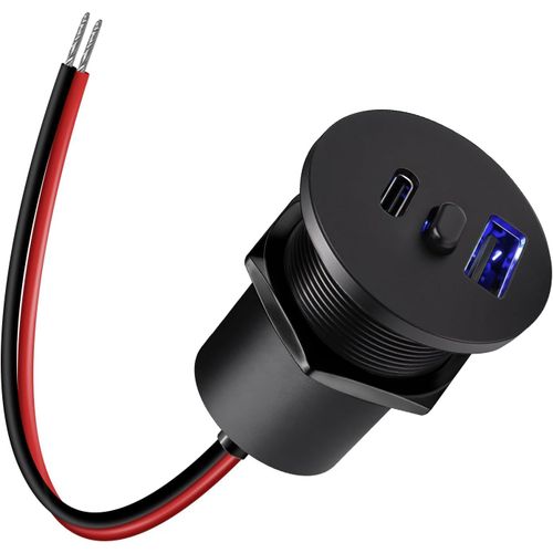 SJZG-Prise Usb C 12V Encastrable Aluminium, Double Prise Avec Interrupteur Et Lumière Bleue 12 Volt Voiture Pd3.0 Et Qc3.0 Charge Rapide Pour Camping-Car Bateau Marine Camion Caravane, 1 Pièce