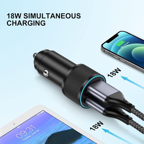 Allume Cigare USB, Chargeur de Voiture Rapide 36W avec 2 Câbles Tressés en Nylon de Type C, Prise Adaptateur Secteur en Alliage, Compatible avec iPhone 16 15 Pro, Samsung S24/S23, Google 9/8/7