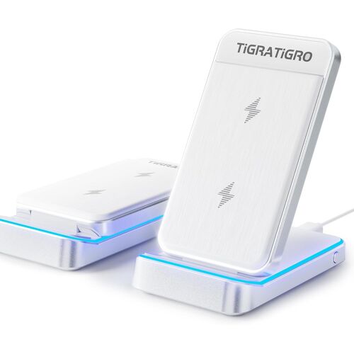 JGD-Tigratigro Chargeur sans Fil 15W - Induction Stand - Support de Charge Rapide Qi Pliable, Compatible iPhone 12-16/Samsung Galaxy - Design Élégant Argent