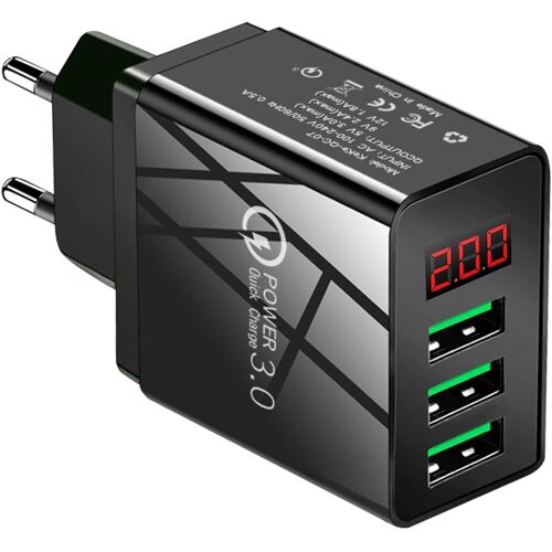 KALANKA-Chargeur USB 3 Ports, Chargeur Secteur Universel 5V/2.4A (3.0A Max), Adaptateur Mural avec ¿¿cran LCD Num¿¿rique, Charge Rapide QC3.0 pour i-Phone, i-Pad, Android, Sam-Sung, Huawei, Xiaomi et P