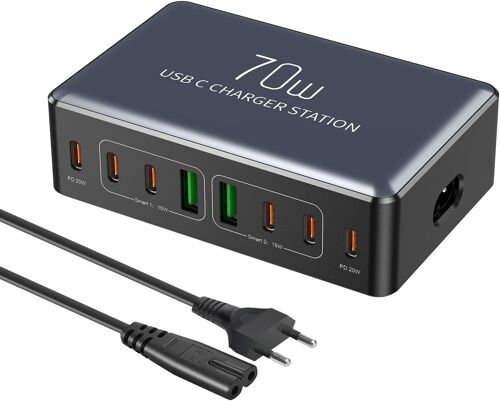 Station de Charge USB C 70 Watts Chargeur Multi USB avec Charge Rapide Multiport PD Chargeurs Secteur pour Téléphones Portables,Multiprise USB et USB C pour iPhon,iPad,Samsung,Tablette etc