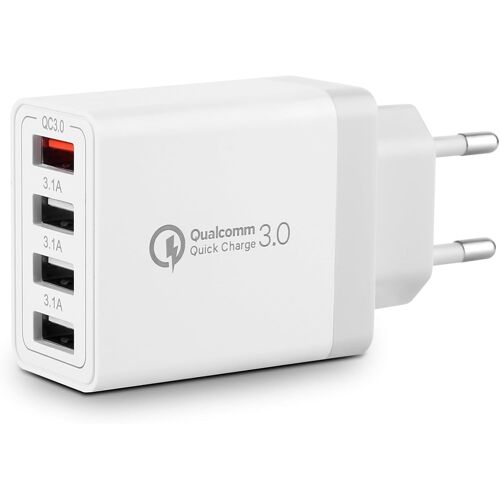 JGD-33W 4-Ports USB Chargeur avec Smart QC 3.0 Chargeur Rapide Multi Charge Plug Alimentation pour Samsung Galaxy S23 S22 S21 S20 S10 S10e S9 S8 A15 A54, iPhone, iPad, Nexus, HTC, Motorola, LG, etc
