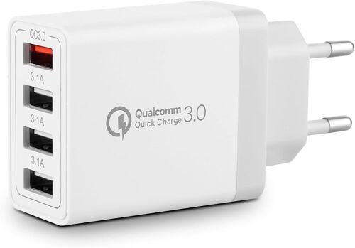 33W 4-Ports USB Chargeur avec Smart QC 3.0 Chargeur Rapide Multi Charge Plug Alimentation pour Samsung Galaxy S23 S22 S21 S20 S10 S10e S9 S8 A15 A54,iPhone,iPad,Nexus,HTC,Motorola,LG,etc