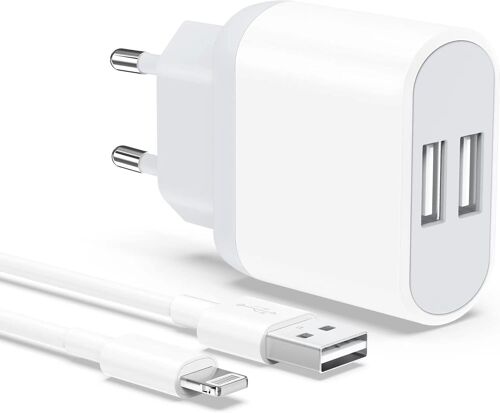 KALANKA-Chargeur iPhone, Prise USB avec Cable 2M pour iPhone 8 7 6 6S Plus XR X XS 11 12 13 14 Pro Max Mini SE 5 5C 5S, iPad, 2-Pack 5V 2.1A Double USB Charger Adaptateur Secteur Mural Alimentation