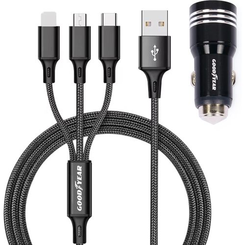 Chargeur 3 en 1 Lightning/Micro USB/USB-C, prise allume-cigare double USB, câble 120 cm pour voiture