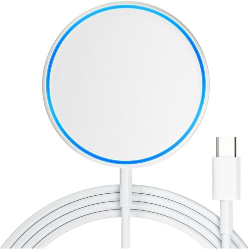 JGD-Chargeur sans Fil Magnétique Mag-Safe Chargeur Induction 15W Wireless Charger Pad Station avec LED 1.2M Câble Compatible avec iPhone 16/15/14/13/12 Series, Air-Pods 3/Pro/Pro 2, Blanc