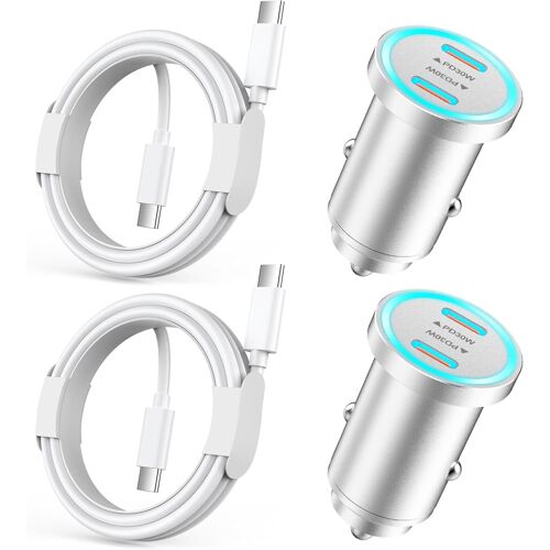 Fast Car Charger iPhone 15, 2X Ultra Compact Metal Dual 60W Car Charger USB C Adapter with 2X USB C Cables for iPhone 15/15 Pro/15 Pro Max/15 Plus, iPad Pro/Air/Mini, Galaxy S23 S22
