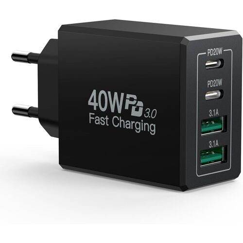 JGD-Chargeur USB C 40W 4-Port Prise USB C Chargeur iPhone Rapide Bloc Secteur Multiple USB Type C PD+QC Adaptateur pour iPhone 17 16 15 14 13 12 11 Pro Max XR XS X 8 Plus Se, iPad, Samsung Galaxy, Pi