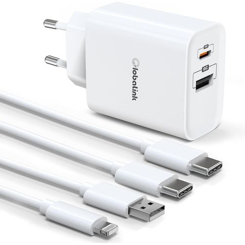 JGD-Chargeur Rapide iPhone 20W avec 2 Ports USB C, Câble USB à Lightning 2m + Câble Type C à C 2m Compatible avec iPhone 15/15 Pro/14/13/13 Pro Max/13 Mini/12/11/X