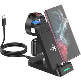 Chargeur 3 En 1 Station De Charge Rapide Pour Samsung,Chargeur Induction Montre Pour Samsung Galaxy Watch Ultra/7/6 Classic/5 Pro/5/4/3/Buds,Chargeur Sans Fil Rapide Pour Samsung S25 S24 S23 S22 S21