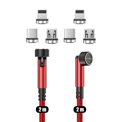 KAL-Câble De Chargement Magnétique [2M Rouge/Pack De 2], Charge Rapide Et Transfert De Données, Câble Magnétique Compatible Avec Micro-Usb, Smartphones Usb-C, I-Produits Et Android Auto