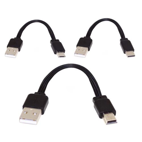 Lot de 3 câbles USB courts et plats, USB 2.0 de type A vers USB C/Micro/Mini USB 4 fils 5 V 2 A Câble d'extension de données en silicone 4 fils 30 AWG 13 cm