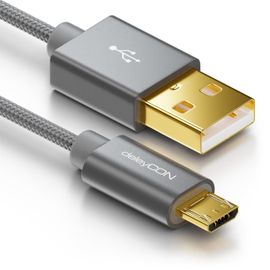 2m Câble Micro USB Nylon - Connecteurs Métalliques, Charge Rapide et Données pour Smartphone et Tablette - Gris