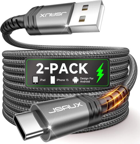 JGD-Câble USB-C Charge Rapide [Lot de 2, 2M] 3.1A Cable USB Type C Chargeur Nylon Tressé Compatible avec iPhone 16 15 Pro Max, Samsung Galaxy S25 S24 S23 Ultra A55 S22 S21 S20, Android Auto-Gris