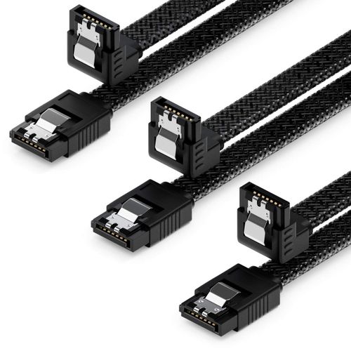 KALANKA-3x 60 cm Câbles SATA 3 Nylon Set 6 Gbit/s SATA III Câbles de Données de Branchement de Connexion Serial ATA pour Carte Mère & Disque dur HDD SSD 1 Connecteurs en L S-ATA L 90° Coudés Noirs