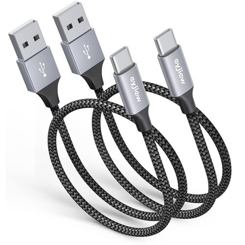 TRAHOO-Lot de 2 Cable USB C 0.5M Court, Câble USB A vers USBC Charge Rapide Nylon Tressé Type C 3A Chargeur pour iPhone 16 Plus Pro Max 15,Redmi 14C A3 Note 13 12 P60 P50 Manette PS5 (50CM)