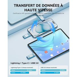 SJZG-Cle Usb Iphone, Clé Usb C 256 Go Apple Mfi Certifié, 3 En 1 Cle Usb Pour Iphone/Ipad/Type C/Android/Pc, Stockage Externe Haute Vitesse Clef Usb Transfert Photos, Vidéos, Films(Bleu Clair)