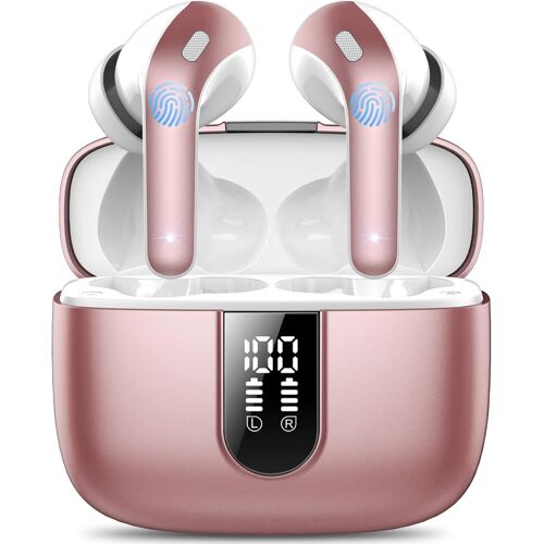 Ecouteurs Bluetooth sans Fil, Casque Bluetooth 5.3, 50 Heures Contrôle Tactile, 4 ENC Appel Réduction Antibruit Mic, Basses Profondes, Ajustement Confortable, IPX7 Étanche Casque¿Rose¿