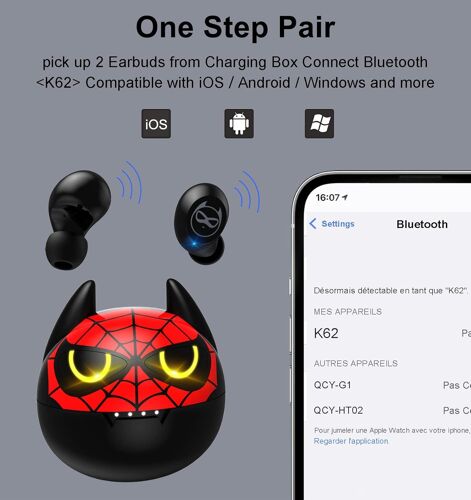 TRAHOO-Écouteurs Intra-Auriculaires Bluetooth, écouteurs sans Fil de Dessin animé Mignon avec Micro 32 Heures de Lecture IPX5 étanches écouteurs stéréo tactiles pour Voyage, Travail