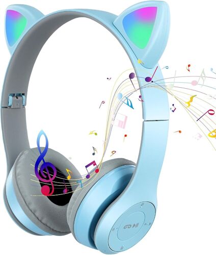 LORANKA-Casque Bluetooth sans Fil pour Enfants, Casque Oreillas de Chat Casque Audio StéRéO sans Fil Pliable avec LED Lumineuse, FM/Carte SD/RéPondre à l'appel, pour Enfants et Adultes (Bleu Blanc)
